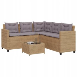 Sodo kampinė sofa su pagalvėlėmis ir stalu, PE rotango, smėlio spalvos