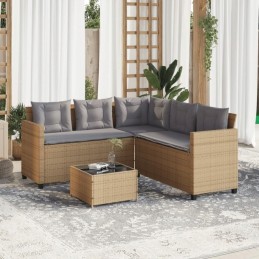 Sodo kampinė sofa su pagalvėlėmis ir stalu, PE rotango, smėlio spalvos