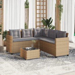 Sodo kampinė sofa su pagalvėlėmis ir stalu, PE rotango, smėlio spalvos