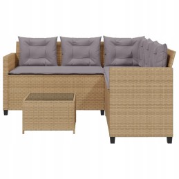 Sodo kampinė sofa su pagalvėlėmis ir stalu, PE rotango, smėlio spalvos