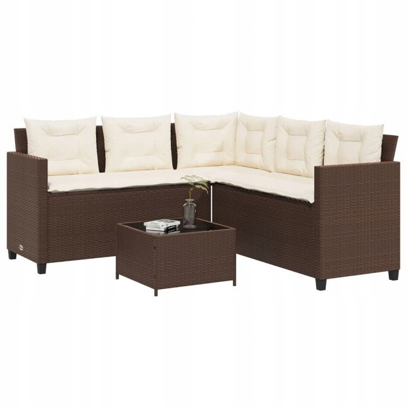 Sodo kampinė sofa su pagalvėlėmis ir stalu, PE rotango, ruda