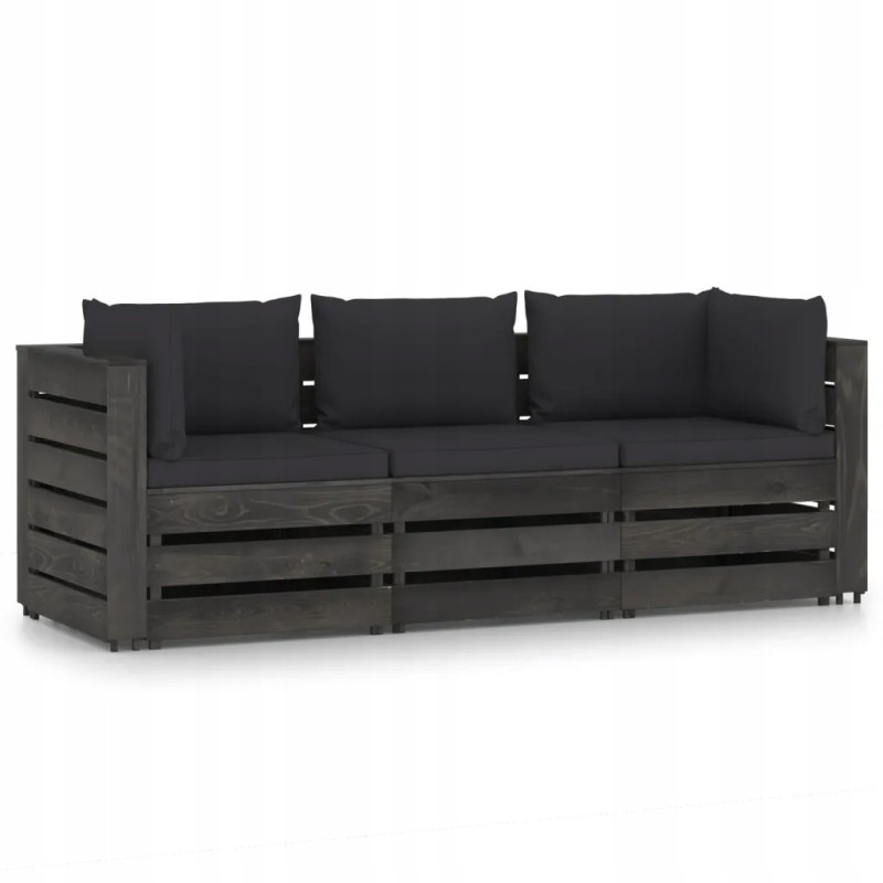 3-vietė sodo sofa, pušies mediena, impregnuota, juodos pagalvėlės, 69x
