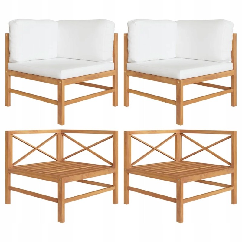 Tikmedžio medinė kampinė sofa su pagalvėlėmis, kreminė, 66x66x60cm
