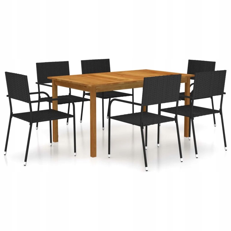 Acacia sodo komplektas 150 cm + 6 rotango kėdės, juodos