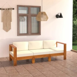 Vidaxl 3-vietė sodo sofa su kreminėmis pagalvėlėmis, akacijos mediena