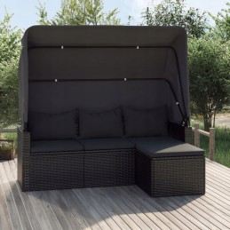 Vidaxl 3 asmenims sodo sofa su baldakimu ir kėdute, polirotangas, juoda