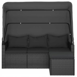 Vidaxl 3 asmenims sodo sofa su baldakimu ir kėdute, polirotangas, juoda