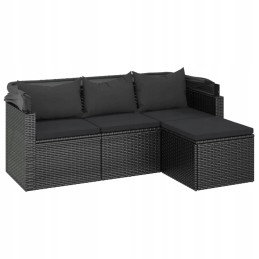 Vidaxl 3 asmenims sodo sofa su baldakimu ir kėdute, polirotangas, juoda