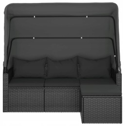 Vidaxl 3 asmenims sodo sofa su baldakimu ir kėdute, polirotangas, juoda