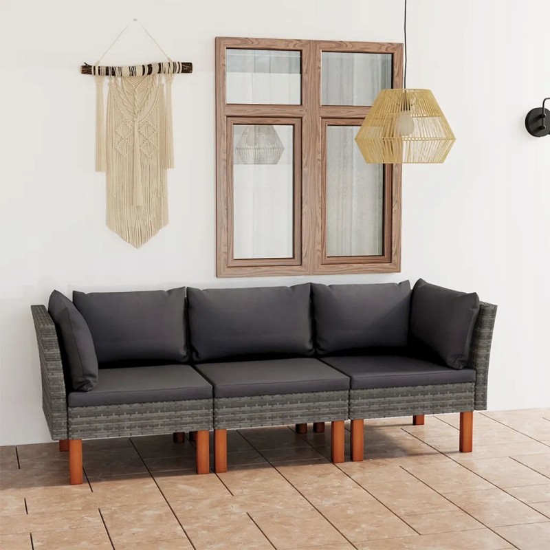 Vidaxl 3-vietė sodo sofa su pagalvėlėmis, polirotango, pilka