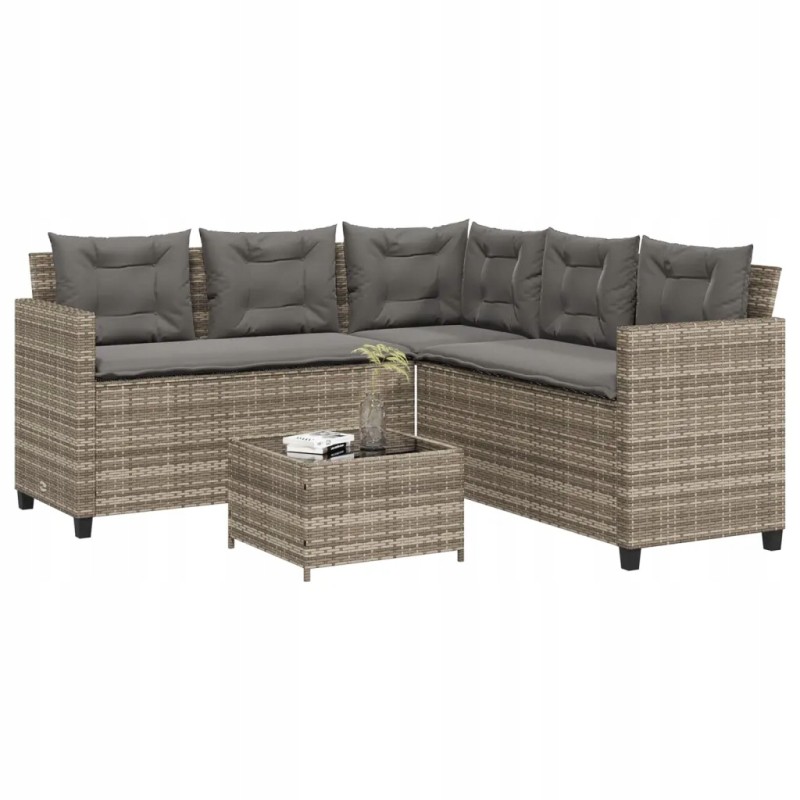 Vidaxl sodo kampinė sofa su pagalvėlėmis ir stalu, PE rotango, pilka