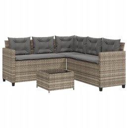 Vidaxl sodo kampinė sofa su pagalvėlėmis ir stalu, PE rotango, pilka