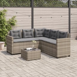 Vidaxl sodo kampinė sofa su pagalvėlėmis ir stalu, PE rotango, pilka