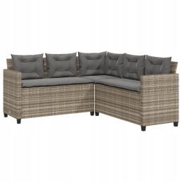 Vidaxl sodo kampinė sofa su pagalvėlėmis ir stalu, PE rotango, pilka