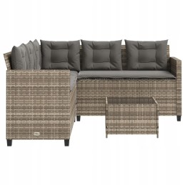 Vidaxl sodo kampinė sofa su pagalvėlėmis ir stalu, PE rotango, pilka