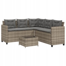 Vidaxl sodo kampinė sofa su pagalvėlėmis ir stalu, PE rotango, pilka