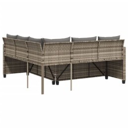Vidaxl sodo kampinė sofa su pagalvėlėmis ir stalu, PE rotango, pilka