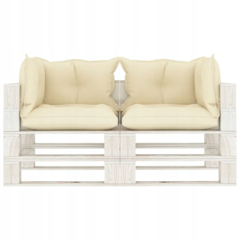 Vidaxl dvivietė sodo sofa iš padėklų, su kreminės spalvos pagalvėlėmis, mediena
