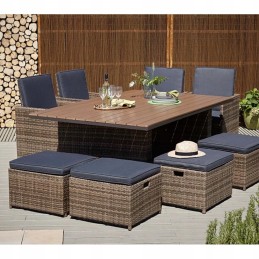 Vidaxl sodo stalas, rudas, 200x100x74 cm, stiklas ir PE rotangas