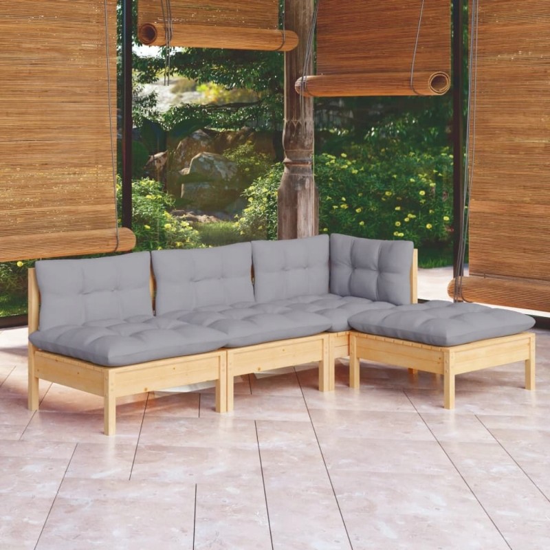 4 dalių sodo sofos komplektas, pilkos pušinės pagalvės