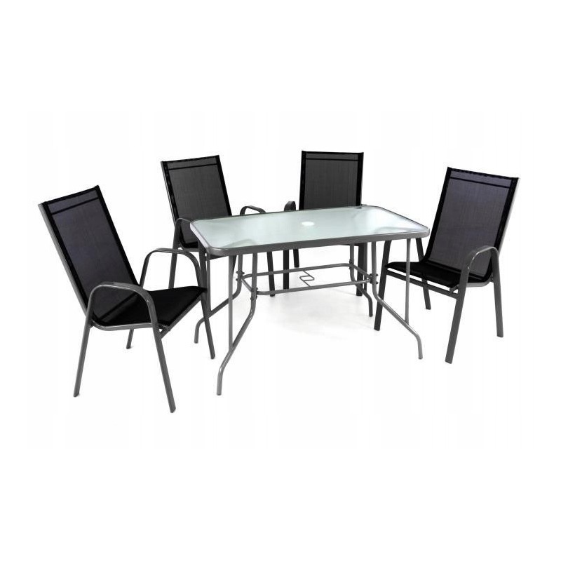 Sodo komplektas - 4 kėdės ir stiklinis staliukas - juodas