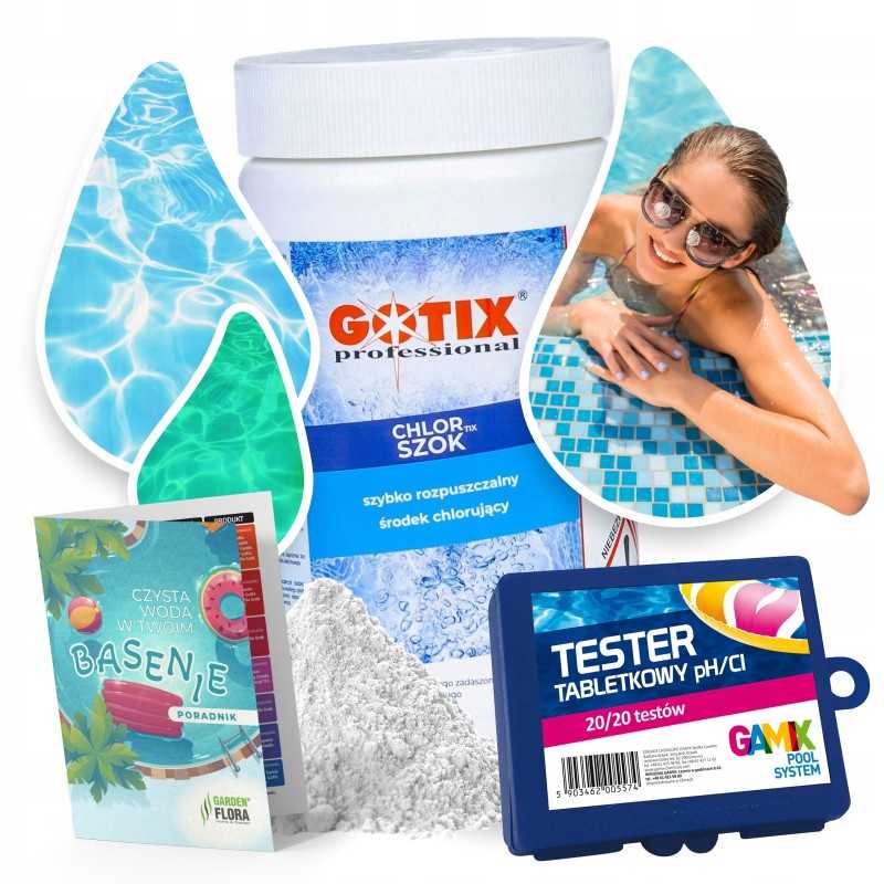 Chloro šokas baseinui, granulės, baseino chemikalai, 1kg chlortix ph testeris