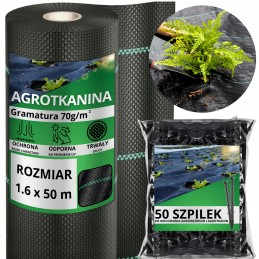 Nuo piktžolių agrotekstilė agrotekstilė 70g juoda 1,6x50m UV 3% + kaiščiai