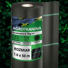 Nuo piktžolių agrotekstilė agrotekstilė 70g juoda 1,6x50m UV 3% + kaiščiai