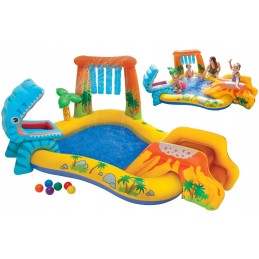 Vandens baseinas, vaikų žaidimų aikštelė, pripučiamas intex, dinozauras, čiuožykla, palmė