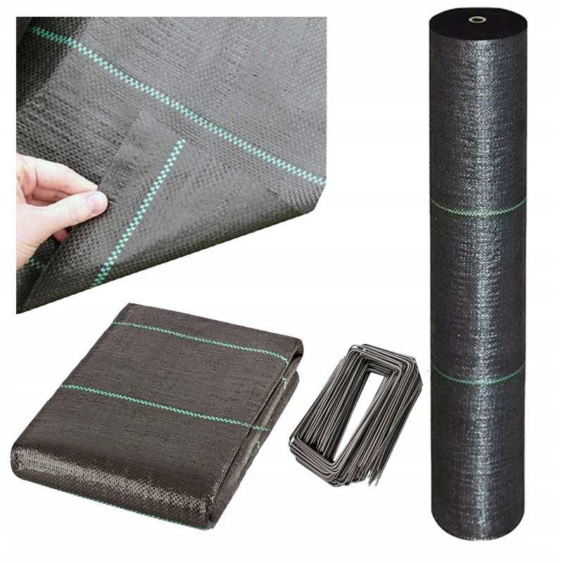 Agrotekstilė 100g 0,8x50m juoda UV agrotekstilė nuo piktžolių + smeigtukai 50vnt 10cm