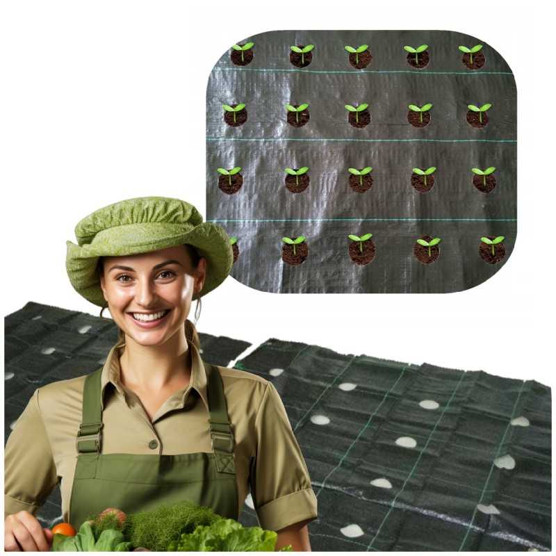 Žemės ūkio audinys su skylutėmis salotoms, agurkams, svogūnams, česnakams ir kt. 1,10 x 10 m su UV