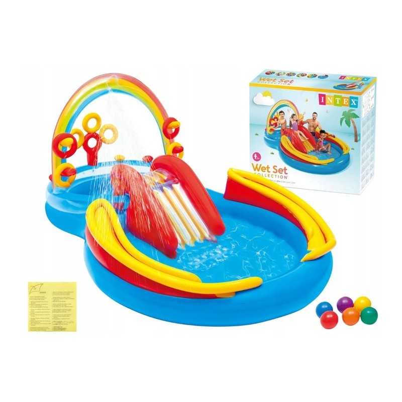 ??apvalus pripučiamas baseinas intex 297x193 cm vandens žaidimų aikštelė vaivorykštės čiuožykla??