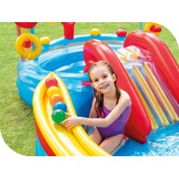 ??apvalus pripučiamas baseinas intex 297x193 cm vandens žaidimų aikštelė vaivorykštės čiuožykla??
