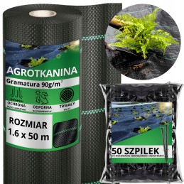 Nuo piktžolių agrotekstilė agrotekstilė 90g juoda 1,6x50m UV 3% + kaiščiai