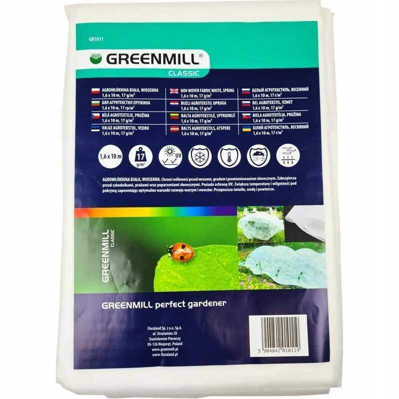Greenmill klasikinė agrotekstilė balta 1,6x10m 17g/m2 spyruoklė gr1011