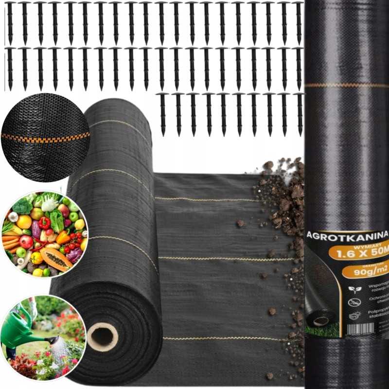 Juoda stora agrotekstilė 70g piktžolėms 1,6x50m uv3% agrotekstilė 50x inkarai