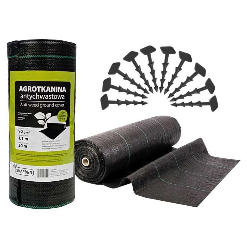 Skarden sodininkystės agrotekstilė 1,1x100 m, 90 g/m2 juoda + tvirtinimo kaiščiai
