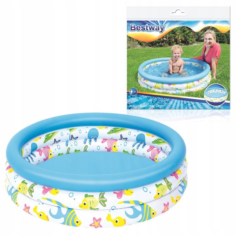 Bestway pripučiamas baseinas vaikams, 102x25cm, su žuvies rutuliu, stiprūs žaislai